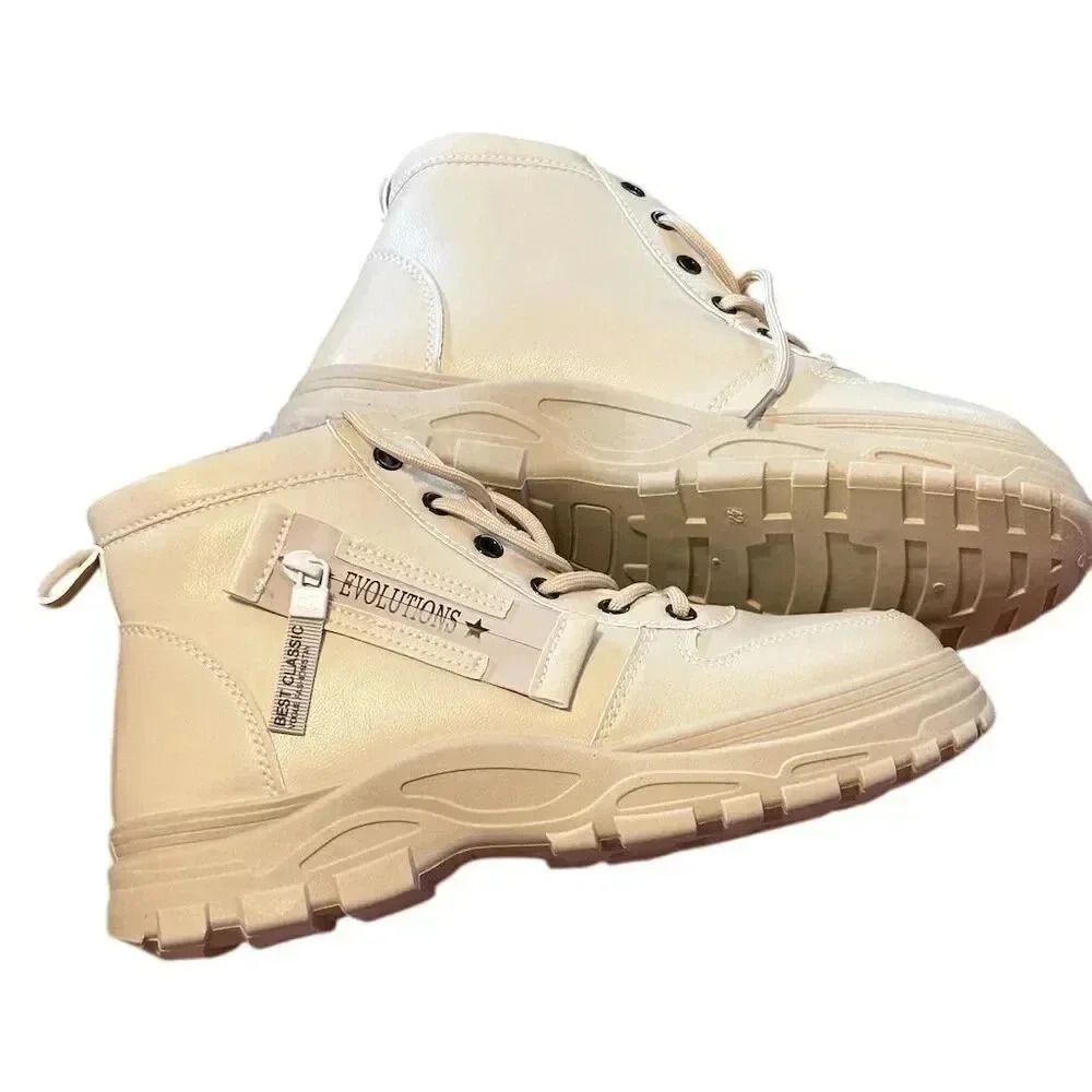Women's Cream Combat Boots Ankle Zip Plush Lined Winter Casual - Picture 2 of 5
